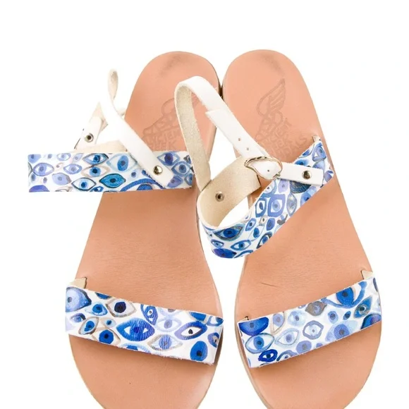 ANCIENT GREEK SANDALS Blue White Evil Eye Leather Strappy Flats Size 6 EU 36 🧿 - Picture 2 of 5
